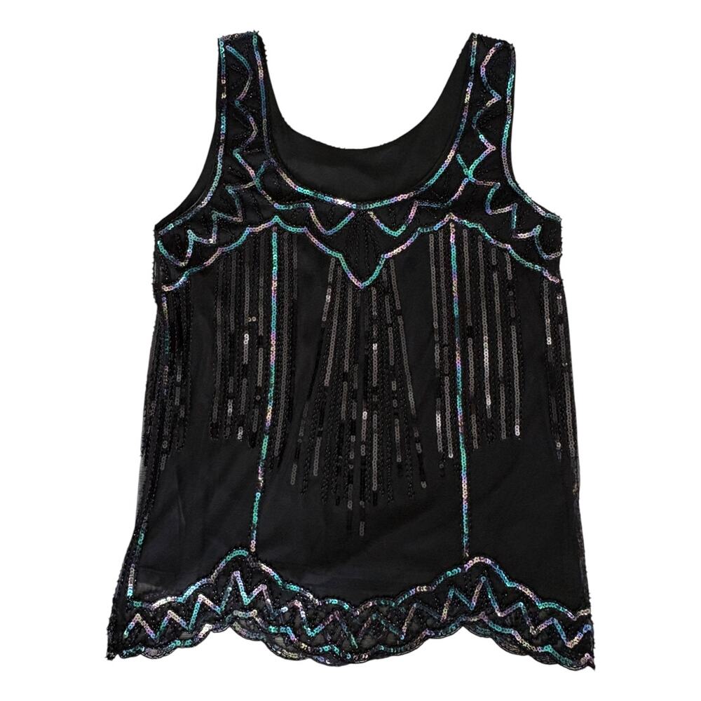 Vintage Style Y2K Beaded Sequin Fringe Top Flapper Gatsby Art Deco M Black